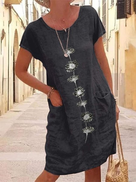 

Cotton Floral Short Sleeve Woven Dress, Black, Dresses