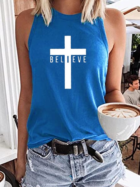 

Women's Cross Print Jesus Casual Tank Top, Blue, Tank Tops