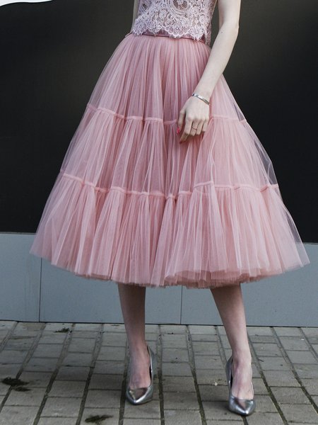 

Daily Elegant Mesh Regular Fit Plain Skirt, Pink, Skirts