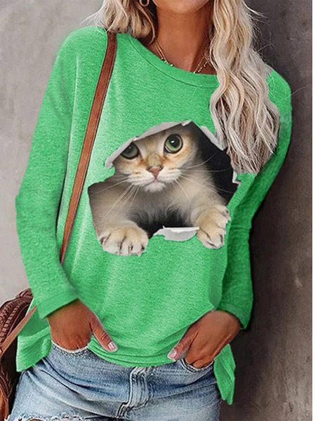 

Cat Printed Crew Neck Shift Long Sleeve Shirt & Top, Green, Tees & T-shirts