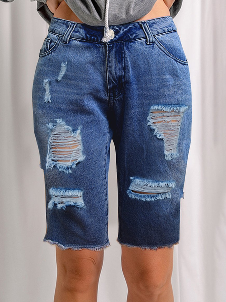 

Women's Hole Capris Denim Shorts, Blue, Jeans