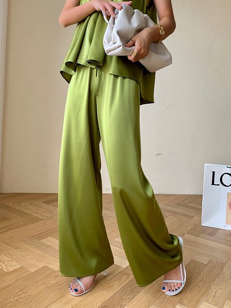 

Plain Elegant Loose Fashion Pants, Green, Pants
