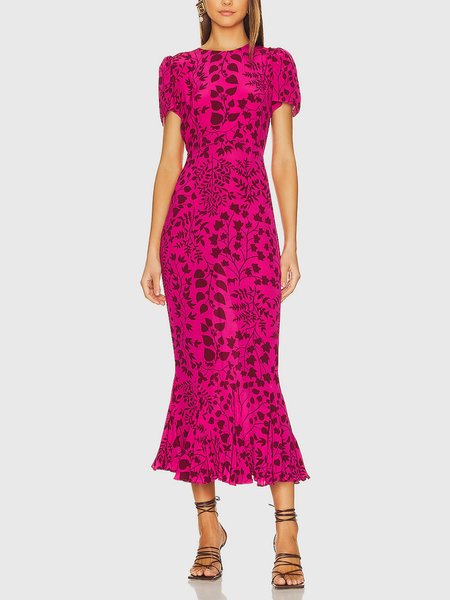 

Crew Neck Plants Elegant Regular Fit Dress, Rose red, Maxi Dresses