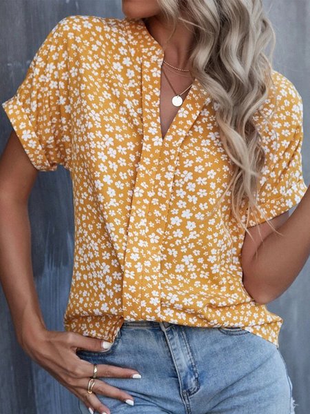 

Floral Notched Loose Elegant Shirt, Yellow, Shirts & Blouses