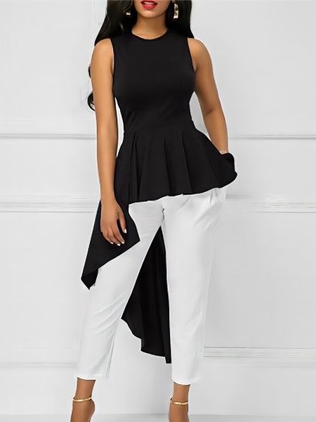 

Crew Neck Regular Fit Elegant Plain Shirt, Black, Blouses and Shirts