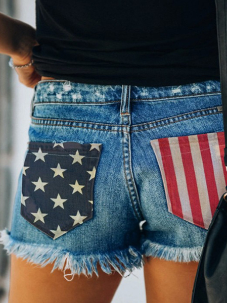 

Women's America Flag Hole Patch Denim Shorts, Blue, Jeans