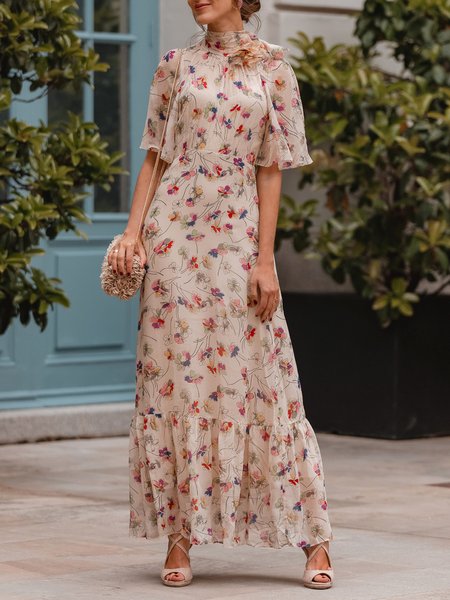 

Vacation Floral Stand Collar Regular Fit Dress, As picture, Maxi Dresses