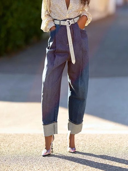 

Denim Casual Color Block Jeans, Blue, Jeans