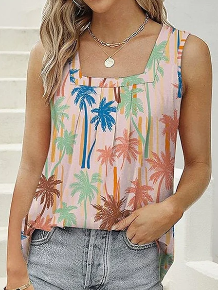 

Coconut Tree Boho Square Neck Loose Tank Top, Pink, Tanks & Camis