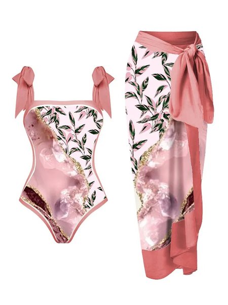

Printing Square Neck Vacation Floral One Piece With Cover Up, Pink, swimwear>>One-Pieces