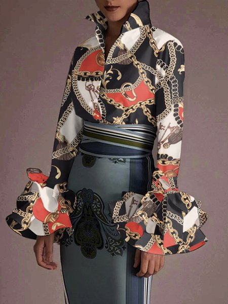 

Long sleeve Geometric Shirt Collar Elegant Blouse, Red, Blouses and Shirts