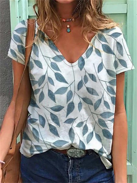 

Women's summer Leaf Print T-shirt top, White, T-Shirts