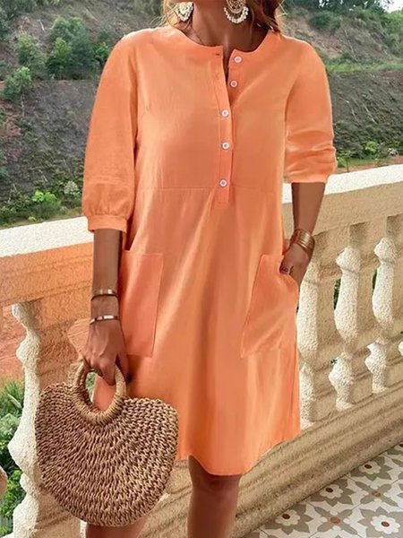 

Buttoned Crew Neck Cotton Dress, Light orange, Mini Dresses