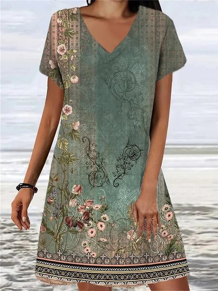 

V Neck Ethnic Loose Vintage Summer Dress, Green, Dresses