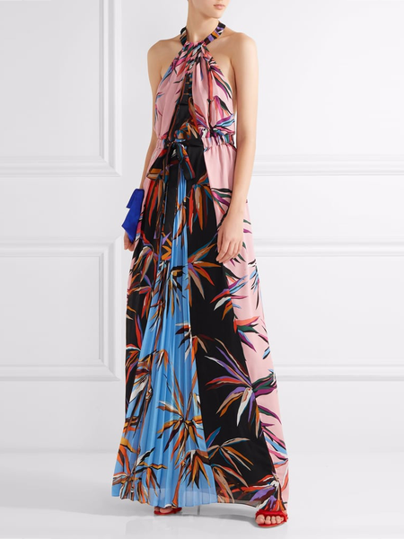 

Halter Floral Chiffon Elegant Party Dress, Pink, Maxi Dresses