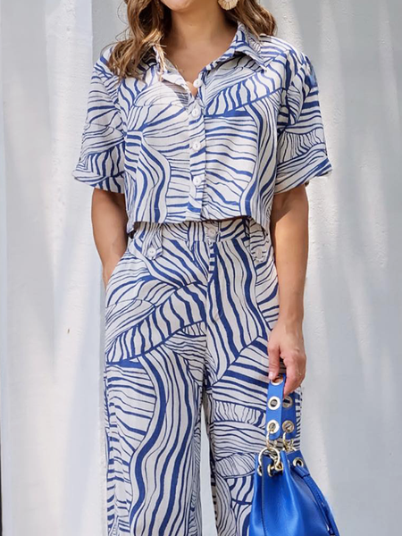 

Urban Shirt Collar Short sleeve Abstract Loose Blouse, Blue, Blouses and Shirts