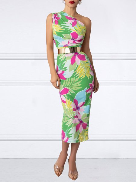 

One Shoulder Floral Vacation Regular Fit Dress, Green, Midi Dresses