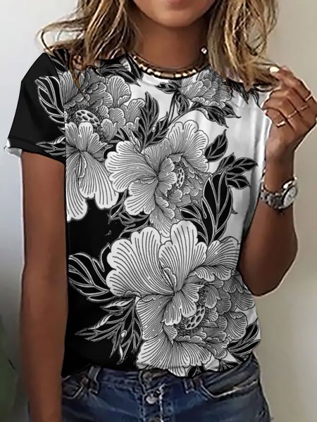 

Lilicloth x Iqs Floral Black And White Women's Casual T-Shirt, As picture, T-shirts