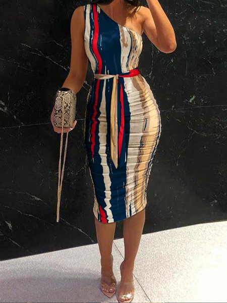 

Elegant One Shoulder Striped Regular Fit Dress, Multicolor, Midi Dresses