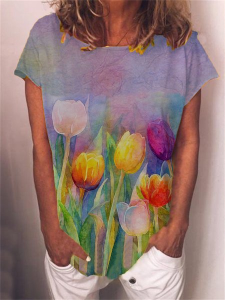 

Women's summer tulip Print T-shirt top, Purple, T-Shirts