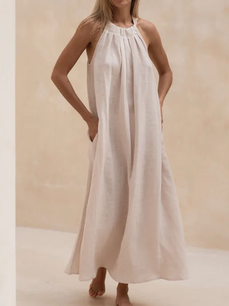 

Cotton And Linen Plain Linen Dress, Off white, Maxi Dresses