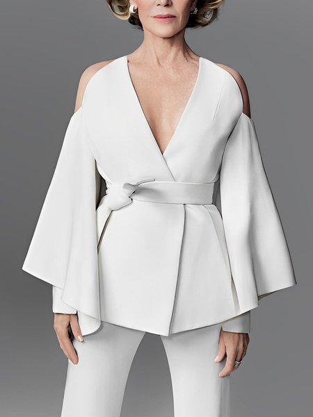

Elegant Plain V Neck Regular Fit Blazer, White, Blazers