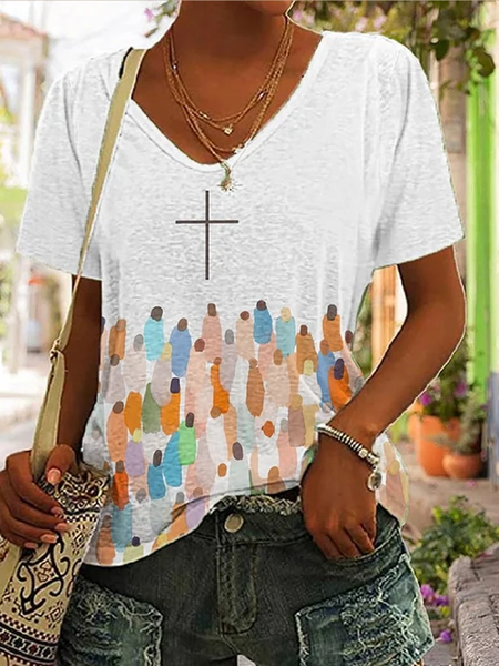 

Women's Faith Respect Jesus Cross Print V-Neck T-Shirt, White, T-Shirts