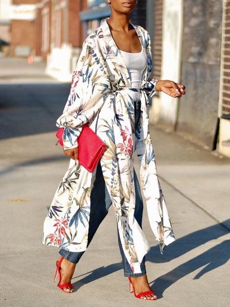 

Plants Loose Casual Summer Long Kimono, White, Others