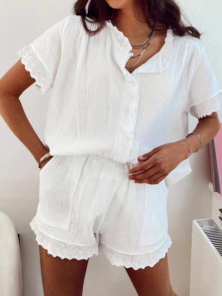 

Stand Collar Loose Ruffle Cotton And Linen Two-Piece Set, White, Suits