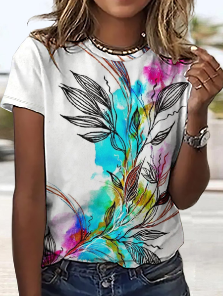 

Women's Crew Neck Simple Color Block Leaves Loose T-Shirt, Blue, T-shirts