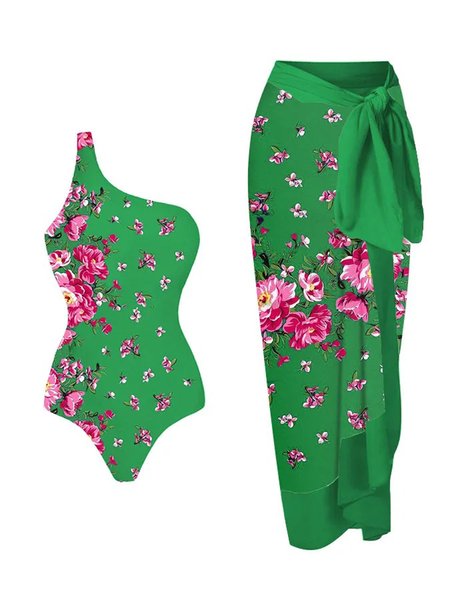 

Floral Vacation Printing One Shoulder One Piece With Cover Up, Green, Coverups