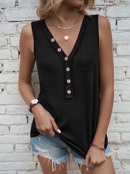 

Buttoned Casual Loose Tank Top, Black, Tanks & Camis