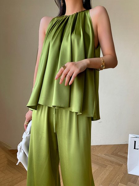 

Plain Elegant Loose Sleeveless Shirt, Green, Blouses and Shirts