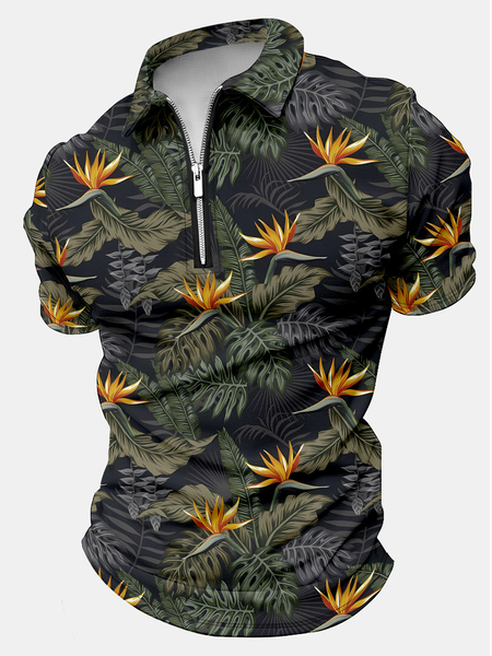 

Men's Tropical Printing Four-Leaf Clover Casual Regular Fit Polo Collar Polo Shirt, As picture, T-shirts