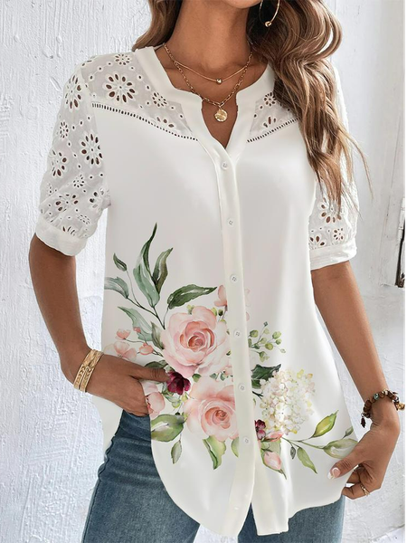 

Loose V Neck Floral Casual Blouse, White, Shirts & Blouses