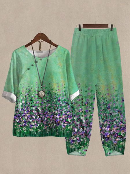 

Buttoned Crew Neck Casual Two-Piece Set, Green, Tops