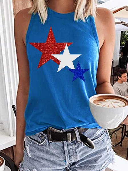 

Women's Star Glitter Patriotic Letters Casual Tank Top, Blue, Tank Tops