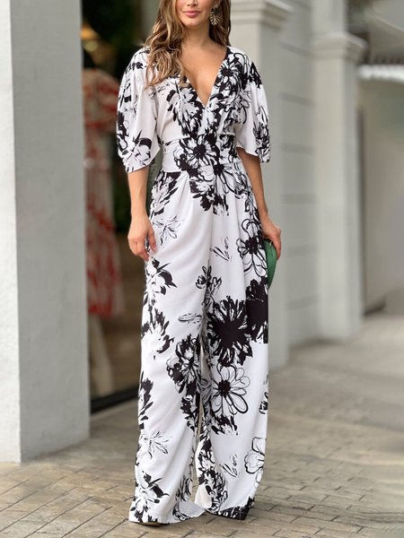 

Vacation V Neck Regular Fit Jumpsuit, Black-white, Jumpsuits