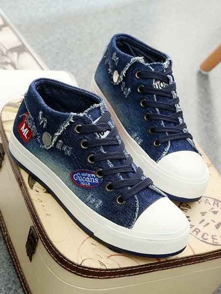 

Letter Pattern Ripped Lace-up Denim Shoes, Dark_blue, Sneakers