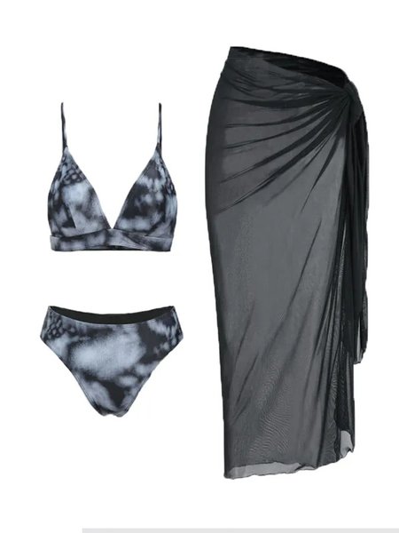 

V Neck Printing Casual Abstract Bikini With Cover Up, Black, Bikini Sets