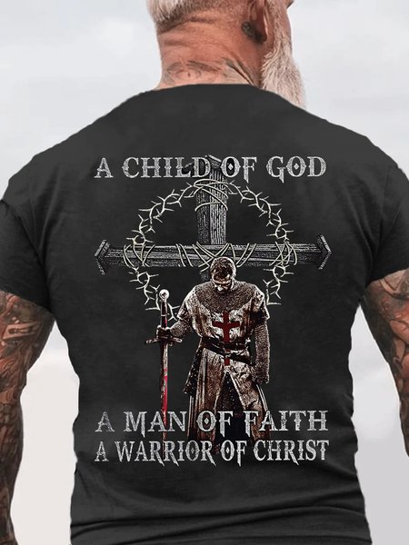 

Men's A Man Of Faith A Warrior Of Christ Cotton Casual Text Letters Regular Fit T-Shirt, Black, T-shirts