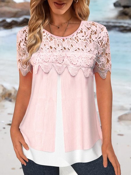 

Fake two piece tunic lace crewneck top, Pink, Shirts & Blouses