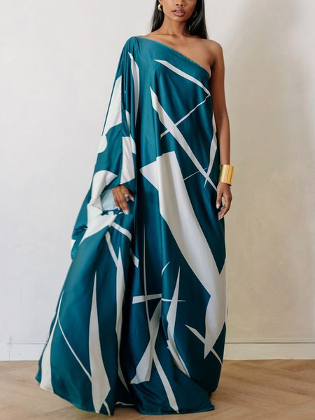 

One Shoulder Satin Elegant Party Dress, Blue, Maxi Dresses