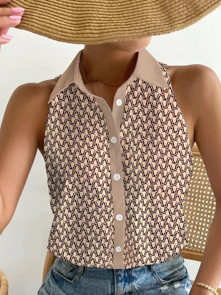 

Geometric Loose Casual Shirt Collar Blouse, Khaki, Tanks & Camis