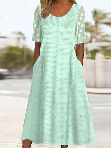 

Women's Half Sleeve Scoop Neck Polka Dot Midi Dress, Green, Dresses