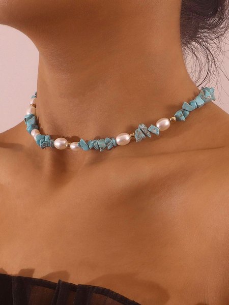 

Turquoise Pearl Beaded Necklace Choker Women Vacation Jewelry Boho, Blue, Necklaces