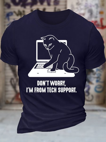 

Men's Don't Worry I'm From Tech Support Funny Cat Graphic Printing Text Letters Cotton Crew Neck Casual T-Shirt, Purplish blue, T-shirts