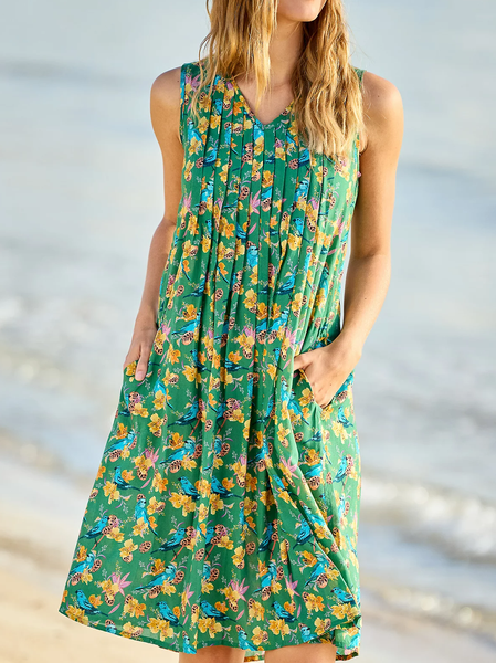 

V Neck Vacation Disty Floral Dress, Green, Dresses