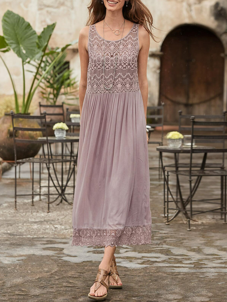 

Boho Plain Lace Edge Summer Elegant Dress, Pink, Midi Dresses