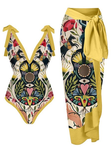 

Vacation Abstract Printing V Neck One Piece With Cover Up, Yellow, Coverups